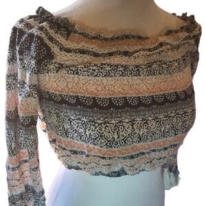 ABERCROMBIE & FITCH XS Boho Ruffle Crop Top Blue Peach Smocked Off Shoulder Y2K